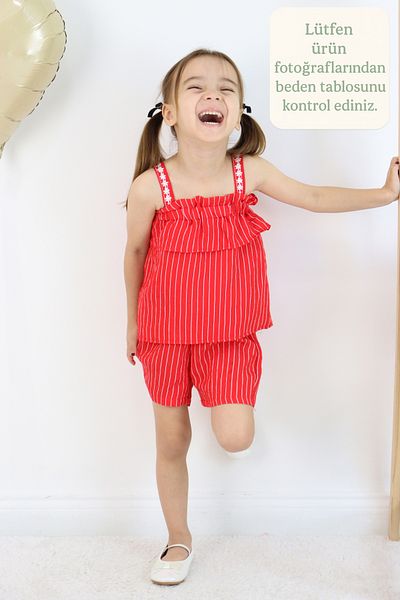 FESSHERA KİDS Girls' Strappy Striped Shorts Set – Ruffle and Floral Embroidery Detail