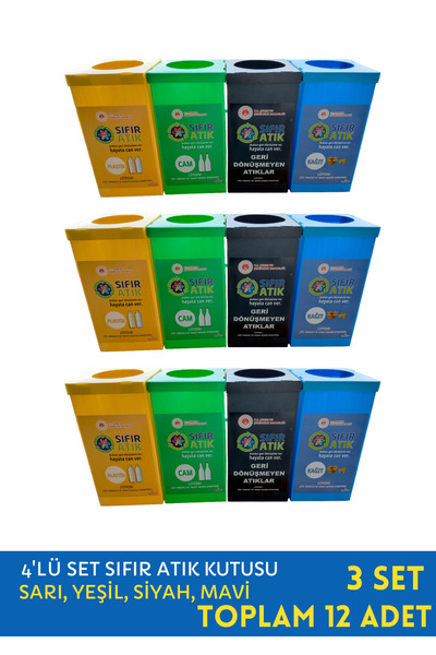 HAN PLUS Geri Dönüşüm Kutusu Seti - 3 Takım (12 ADET) Sıfır Atık Kutusu, Otel, Pansiyon, Fabrika, Işyeri