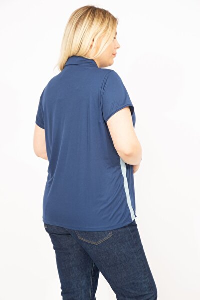 Şans Women's Navy Blue Plus Size Polo Collar Side Stripe Sports Blouse 65n35771