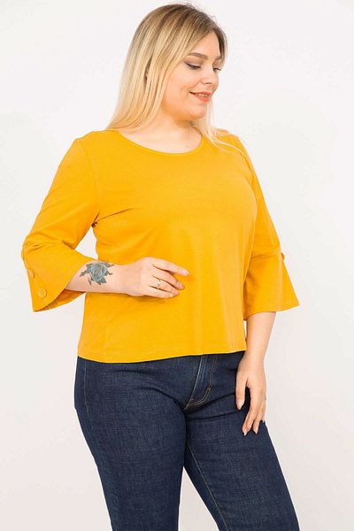 Şans Women's Mustard Plus Size Cotton Fabric Sleeves with Ornamental Buttons Capri Sleeve Blouse 65n35766
