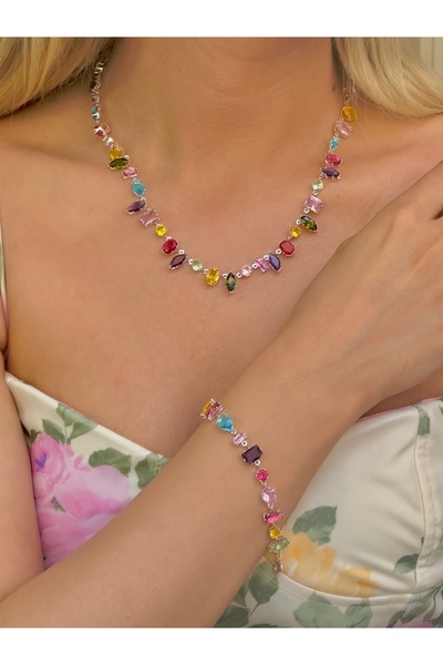 YOUES JEWELRY مجموعة قلادة وسوار من جيما مصنوعة من حجر الزركون الملون