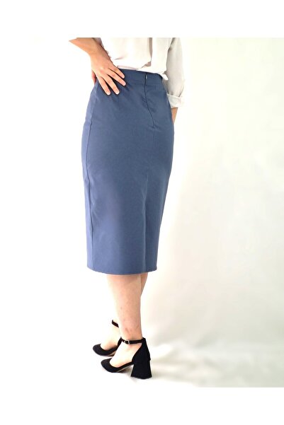 YAXİ KOYU MAVİ KALEM MİDİ DOKUMA ETEK