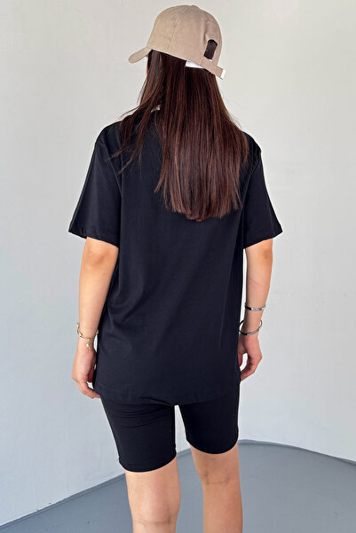 Cappmoda T-914 Black Camping Embroidered Crew Neck T-Shirt