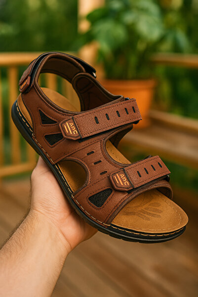 Nstil Daily Men's Brown Sandals Thick Orthopedic Stitched Sole Velcro Pool Sea Shoes 5201