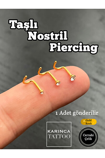 Karınca Piercing Taşlı Burun Piercing Kıvrık Nostril Piercing Gümüş veya Gold Altın Rengi Hızma Cerrahi Çelik
