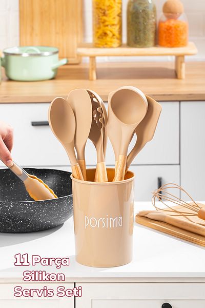 Porsima 3164 Bamboo Wooden Handle Silicone 11 Piece Serving Set with Metal Stand Kapicino