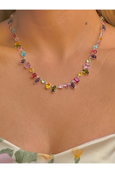 YOUES JEWELRY 316L Çelik Gema Kolye Zirkon Renkli Taşlı Kolye Silver