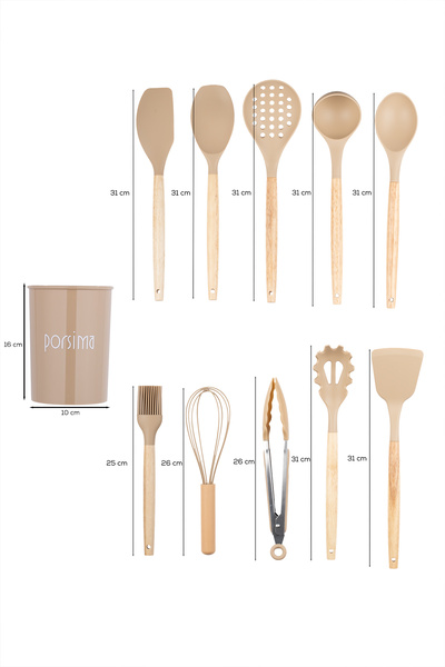 Porsima 3164 Standlı Bambu Ahşap Saplı Silikon 11 Parça Servis Takımı Seti Kapicino