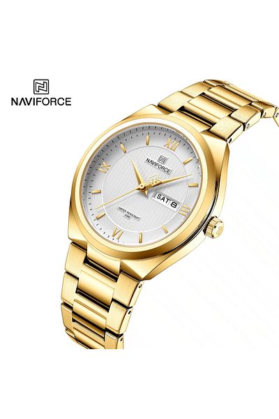 Naviforce Mens Gold Dial Gold Stainless Steel Strap Watch Analog Quartz Waterproof with Day and Date Display