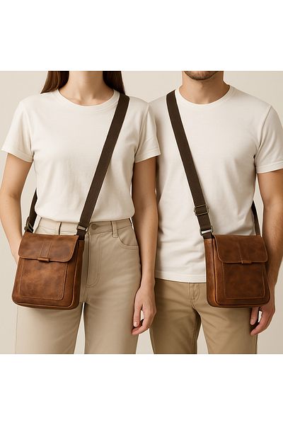 natderi Genuine Leather Unisex Shoulder and Messenger Bag - Tan Color with Adjustable Strap 20X25 cm