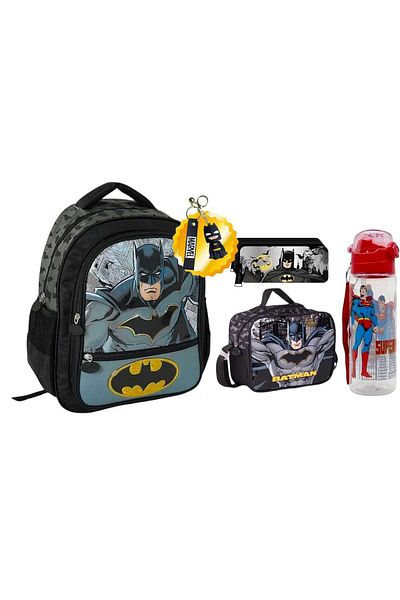 Batman School Bag, Lunch Box, Double Eyed Pencil Case, Keychain and Water Bottle & Flask Gift
