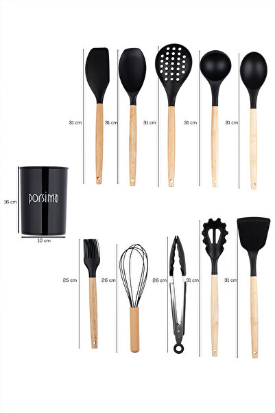 Porsima 3165 Bamboo Wooden Handle Silicone 11 Piece Serving Set Black
