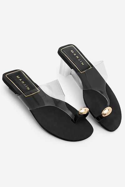 Marjin Women's Transparent Banded Flip Flops Gold Buckle Daily Slippers Milda Black