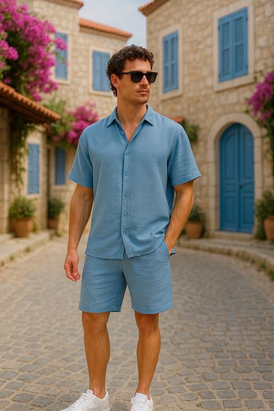 Pobudo Blue Color Linen Look Muslin Summer Set - Shirt and Shorts Men's Set