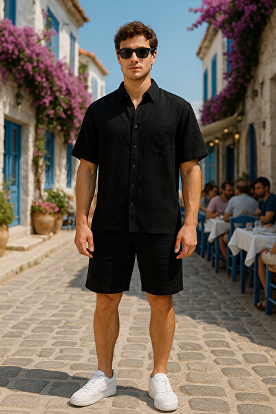 Pobudo Black Color Linen Look Muslin Summer Set - Shirt and Shorts Men's Set