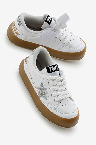 Tonny Black Çocuk Unisex Beyaz Gümüş Termo Taban Yıldız Detaylı Bağcıklı ve Cırtlı Spor Ayakkabı