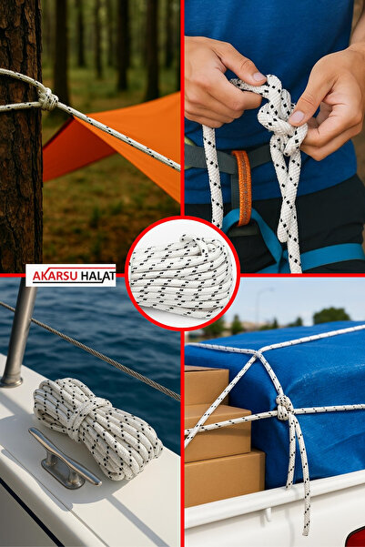 AKARSU HALAT Dayanıklı Çift Örgülü Çok Amaçlı İskota Halat - 50 MT 4MM - iP - Çekme - Bağlama - Kamp - Marin