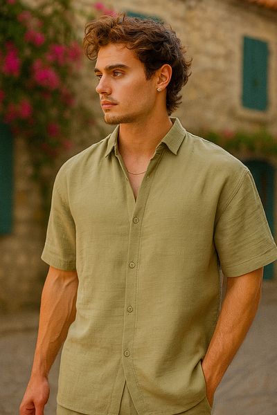 Pobudo Khaki Color Linen Look Muslin Summer Suit - Shirt and Shorts Men's Suit