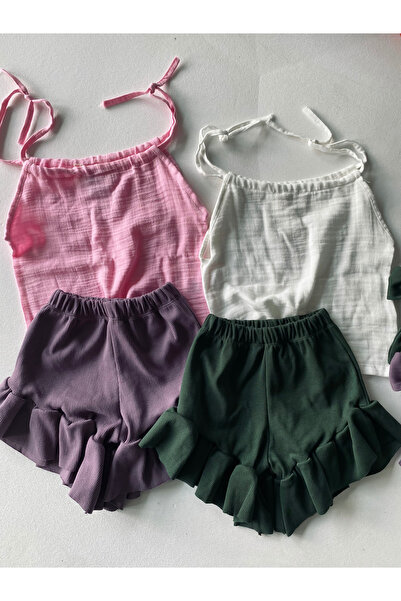 rg kidsstore Girl's Muslin Strap T-Shirt - Ribbed Shorts - Hair Clip 3-Piece Set_Rg1610