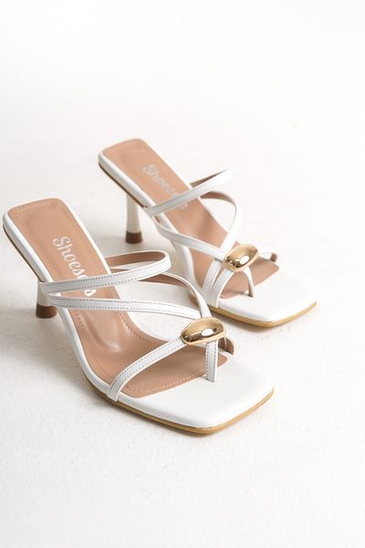 Shoesers Women's Special Design Thin Cross Strap Thin Heeled White Evening Dress Slippers with Accessories