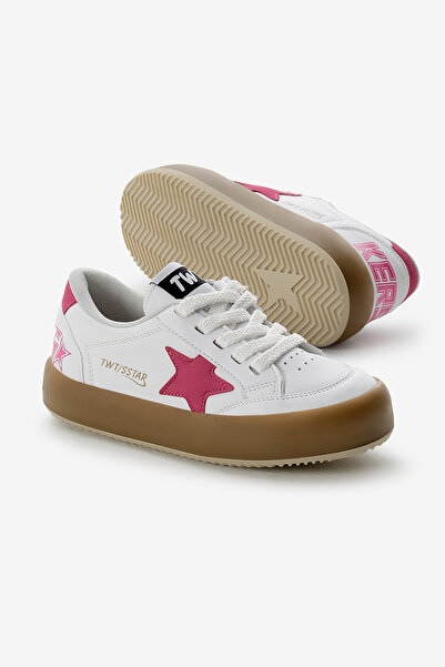 Tonny Black Çocuk Unisex Beyaz Fuşya Termo Taban Yıldız Detaylı Bağcıklı ve Cırtlı Spor Ayakkabı
