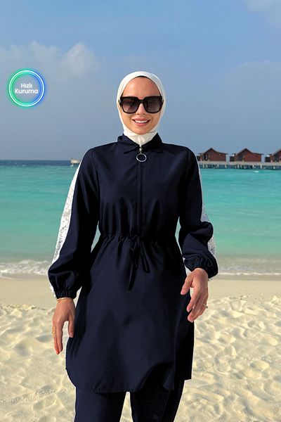 Ka Hijab Μαγιό Hijab με λεπτομέρεια παγιέτας 2 τεμαχίων - Navy Blue
