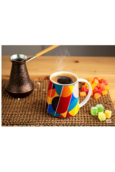 RİVO HOME DECOR The Mia Shapes Porcelain Mug 340 Cc 6 Mugs with Metal Tray Gift