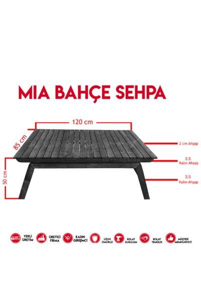 raweyn Mia Ahşap Orta Sehpa Ahşap Ayak- Bahçe ve Balkon Sehpası-120x80x55 cm