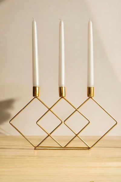 Ahlat Store 3'lü Kare Gold Şamdan Asimetrik Mumluk Dekoratif Mumluk Paslanmaz...