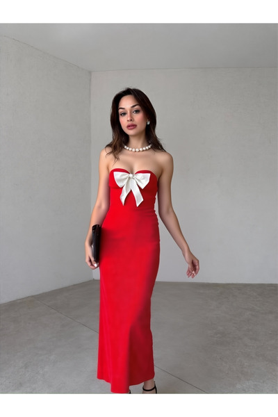 ALFUDO Moda Collection Kadın Midi Fiyonk Detaylı Abiye Kırmızı Elbise