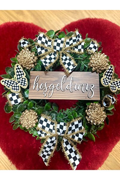 Marrone Hoşgeldiniz Kapı Süsü Damalı Simli Kurdele Damalı Kelebek