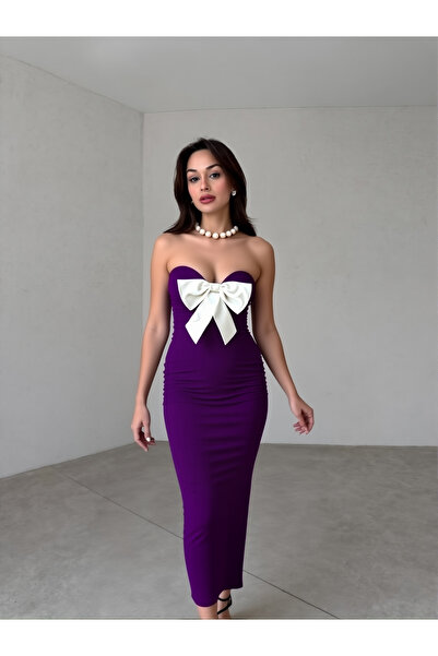 ALFUDO Moda Collection Kadın Midi Fiyonk Detaylı Abiye Mor Elbise