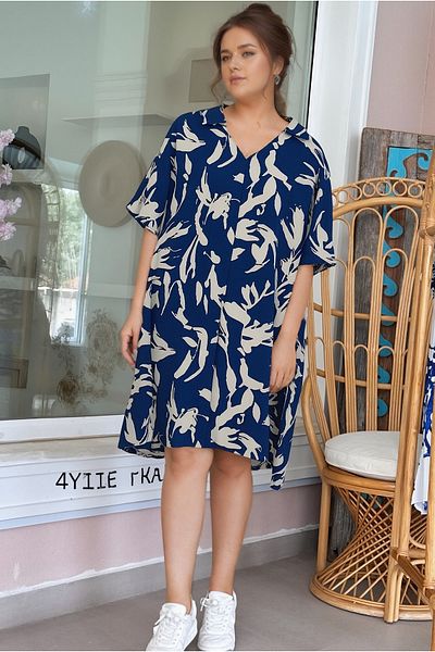 Modasultan Polo V-Neck Patterned Midi Length Double Pocket Viscose Dress