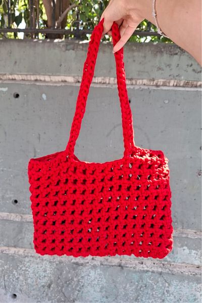 Warasiva Women's Red Knitted Medium Size 32×27cm Handcrafted Daily Shoulder Bag