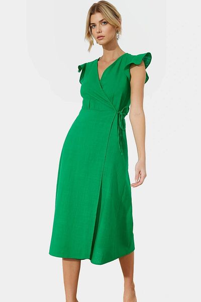 PayBuy Summer Linen Look Midi Dress Double Breasted V Neck Short Sleeve Design High Quality Durable Material