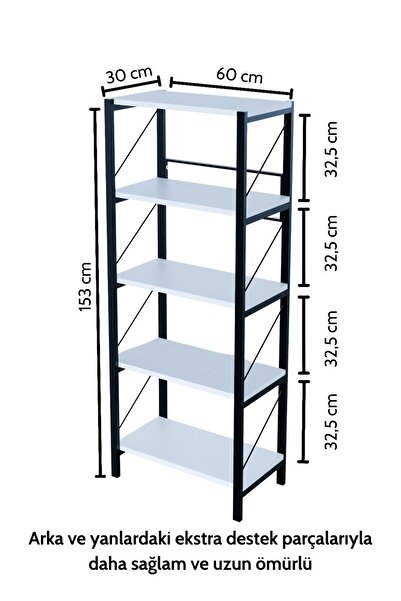 SteelDesing 5 Katlı Kitaplık Dekoratif Kitaplık Metal Kitaplık Ofis Kitaplığı Aksesuar Rafı