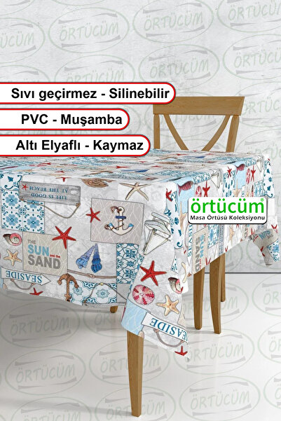 Örtücüm Deniz Temalı Mavi Renkli Silinebilir Astarlı Pvc Muşamba Mutfak Bahçe Balkon Leke Tutmaz Masa Örtüsü