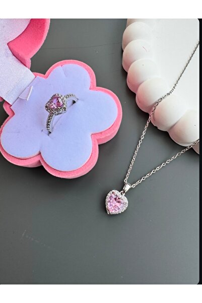 shop PEMBE GÜMÜŞ KOLYE VE YÜZÜK KOMBİNİ ÇELİK