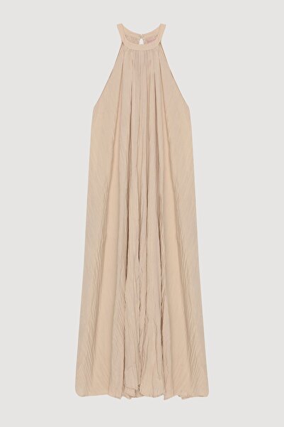 Quzu Μακρύ φόρεμα με γιακά με τσαλακωμένη εμφάνιση μπεζ