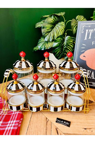 CASA DE BELLA Avangard 8 Piece Porcelain Glass Top Black and White Spice Rack Set with Metal Stand
