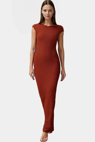 PayBuy Stylish Summer Knitted Midi Dress Bodycon Mold Boat Neck Stretchy Fabric Comfortable and