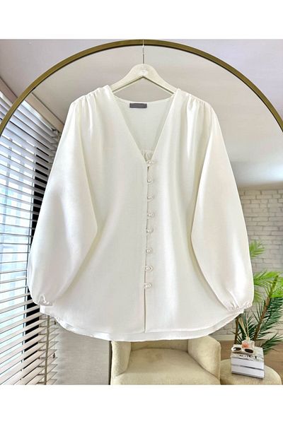 ensade Modal Fabric V-Neck Buttoned Hijab Women's Shirt
