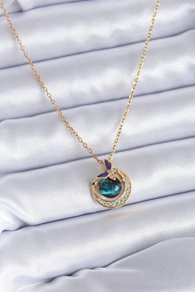 Misens قلادة من حجر الزركون السماء مع تفاصيل الفراشة من الفولاذ المقاوم للصدأ...