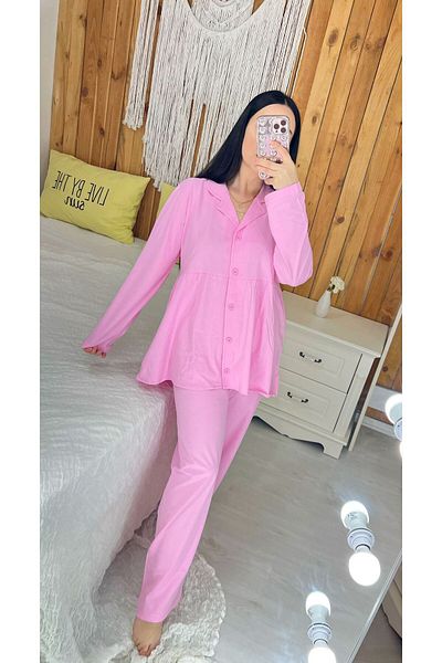 ByGamzeArman Pink Long Arm Combed Cotton Fabric Maternity Postpartum Pajamas Set
