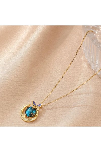 Misens Butterfly Detailed Sky Zircon Stone Necklace 316L Stainless Steel