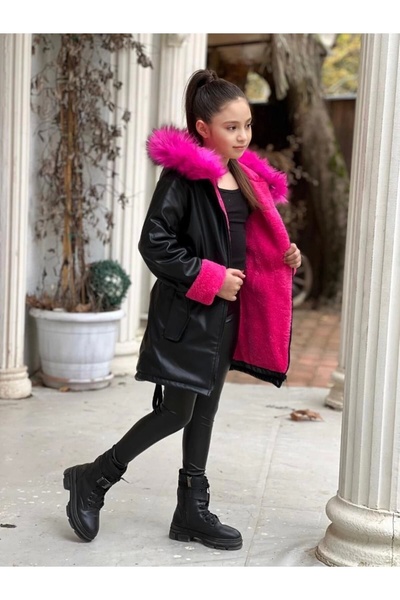 DUDOR KİDS Жіноча куртка-пальто Fusya Welsoft Kurk з капюшоном з чорної шкіри з капюшоном