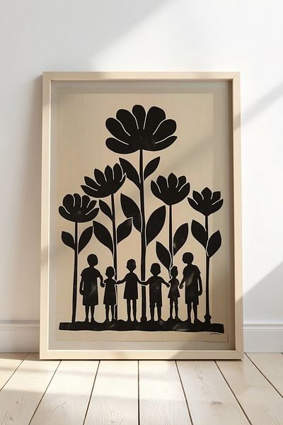 HİGUERA Siluetă cu flori și figură umană - Artă semnificativă și simplă Pictură murală într-un cadru din lemn natural