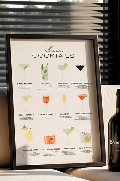 HİGUERA Opțiuni clasice de cocktail BAR Tablou de perete pentru bucătărie cu cadru din lemn natural