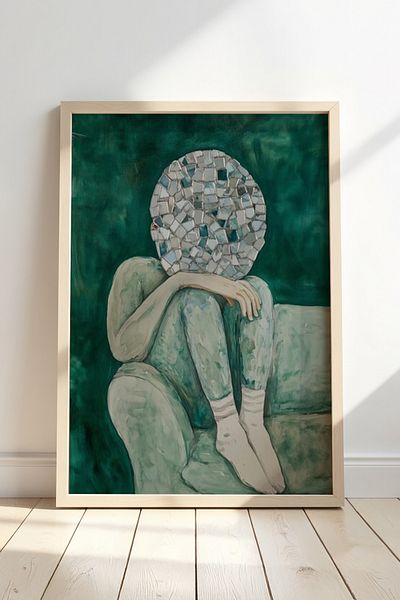 HİGUERA Figura de femeie cu cap mozaic, stil creativ și diferit, pictură în cadru din lemn natural