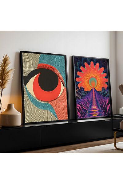 HİGUERA Geometric Red Abstract Dual Natural Lemn Pictură de perete înrămate